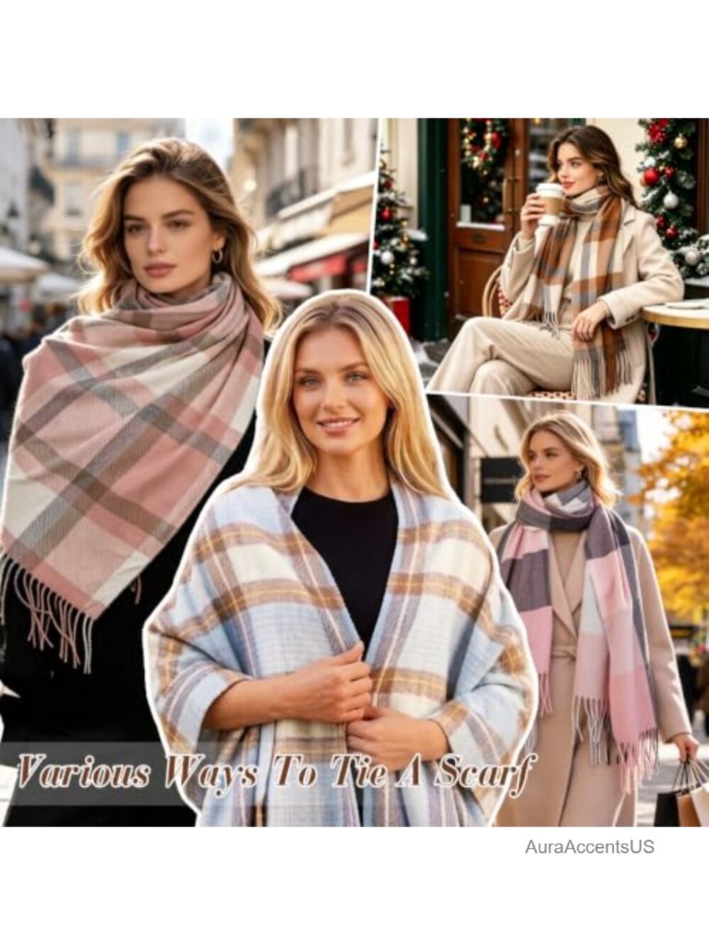 Women's Plaid Winter Scarf Shawl Wrap with Tassels, 100% Polyester, Lightweight - Picture 5 of 6